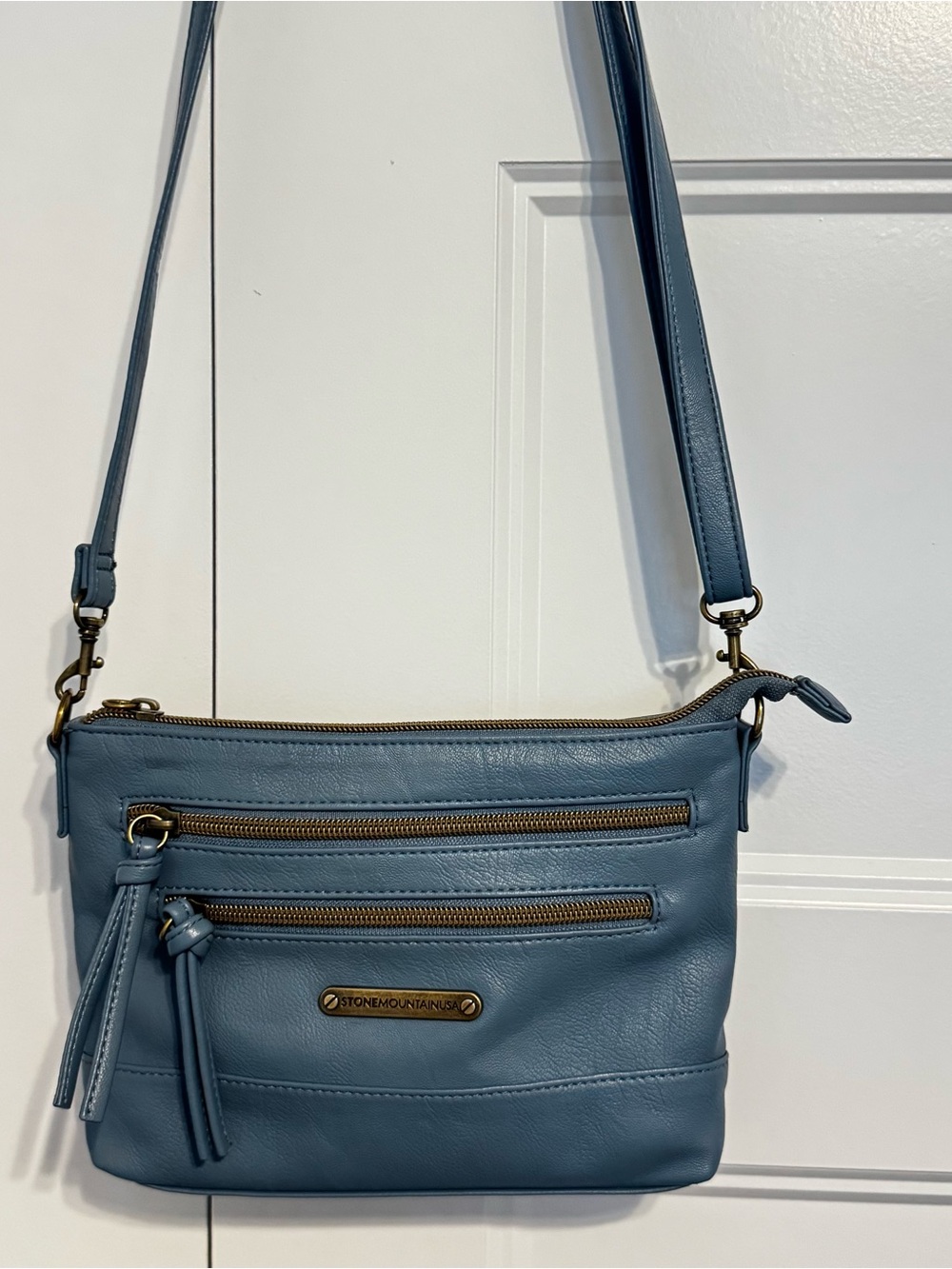 Stone Mountain Accessories Dusty Blue Crossbody Bag with Brass Hardware